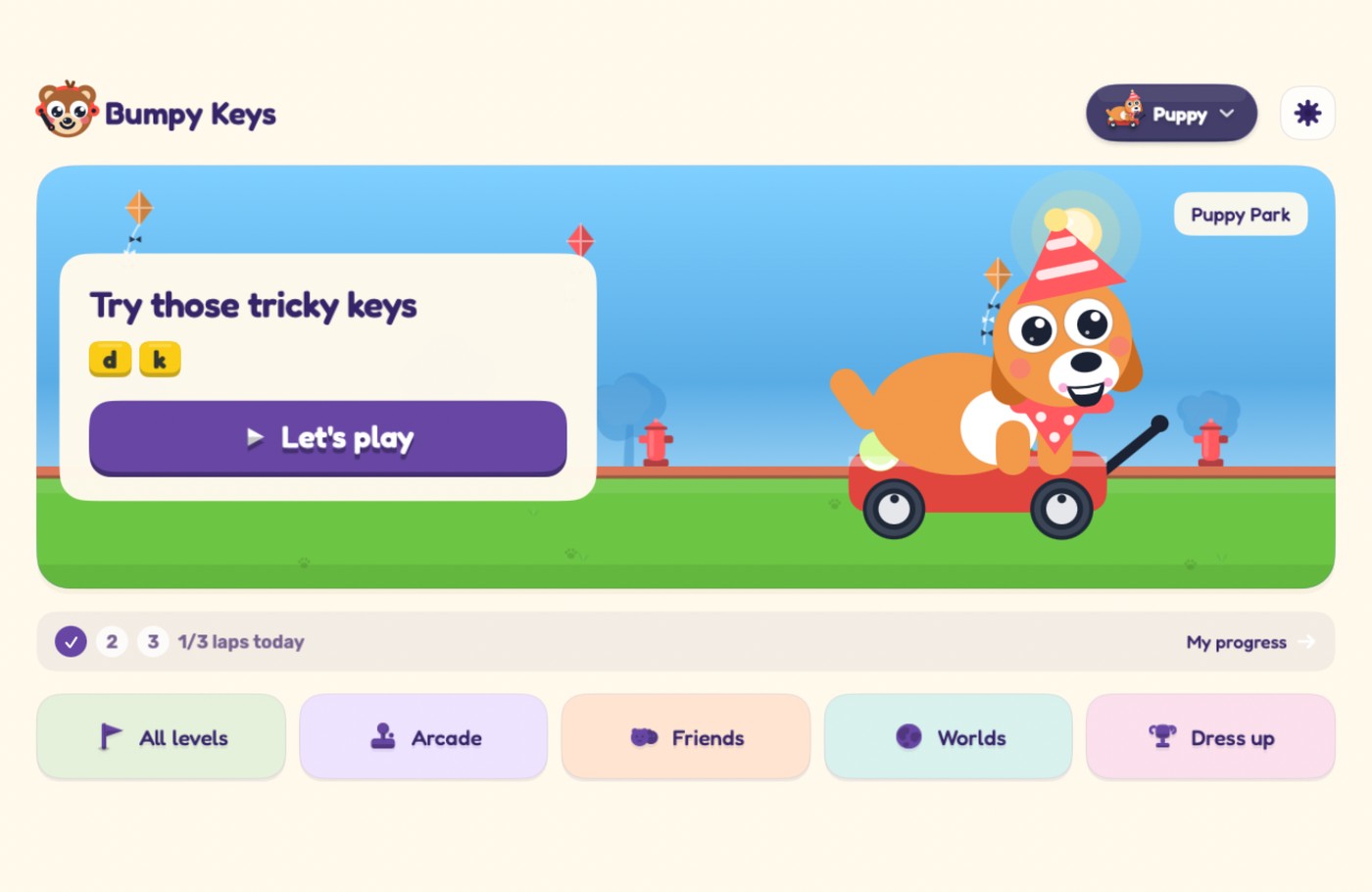 Puppy wearing a party hat beside the Play button and today’s progress